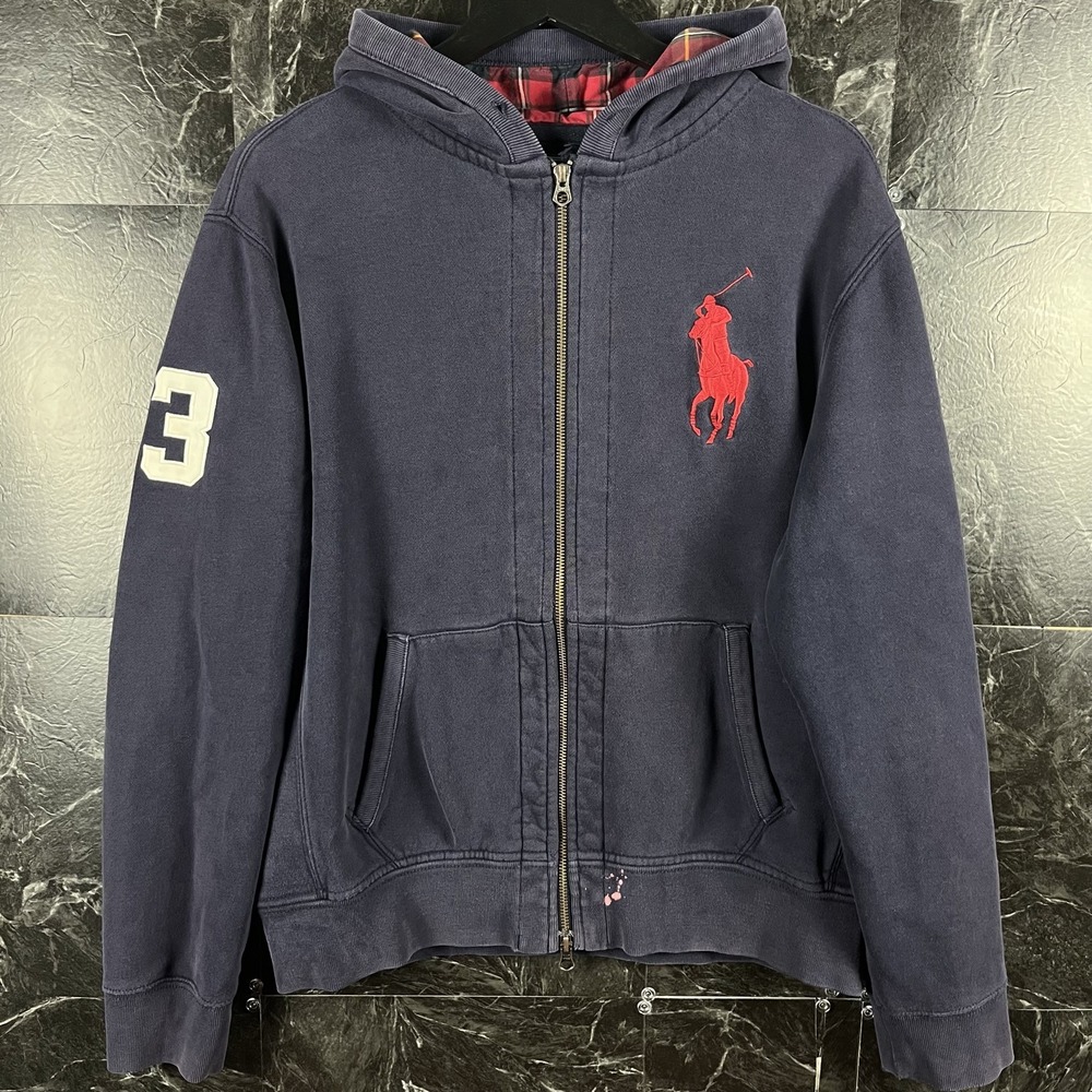 Polo Ralph Lauren Men's Blue Plaid Big Pony Zip Hoodie Large -Flaws